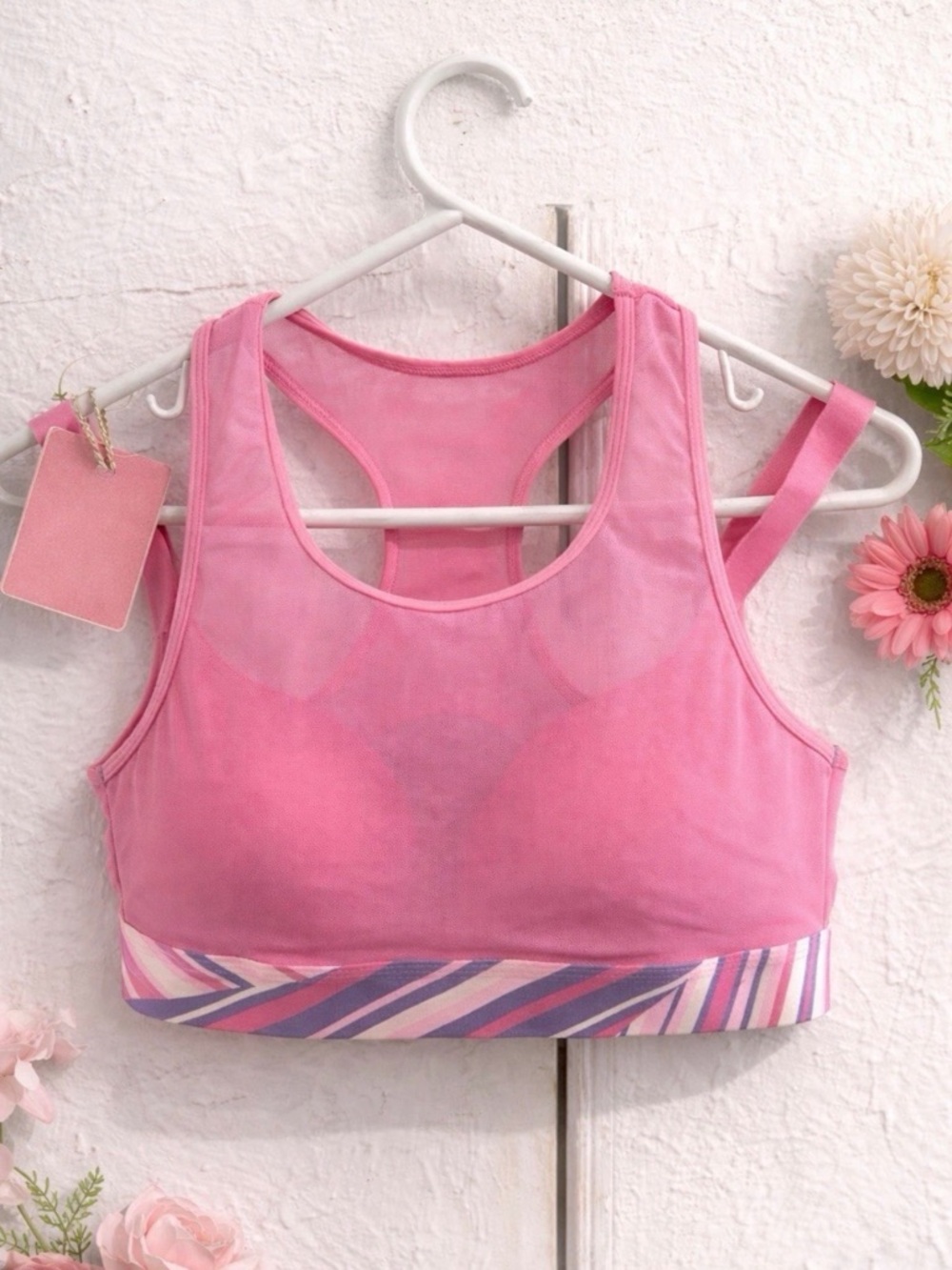 Adore Me Pink Mesh Sports Bra with Striped Elastic Band
